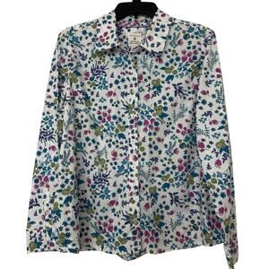 Appleseeds White Blue Purple Floral Cotton Long Sleeve Button Down Blouse 18P